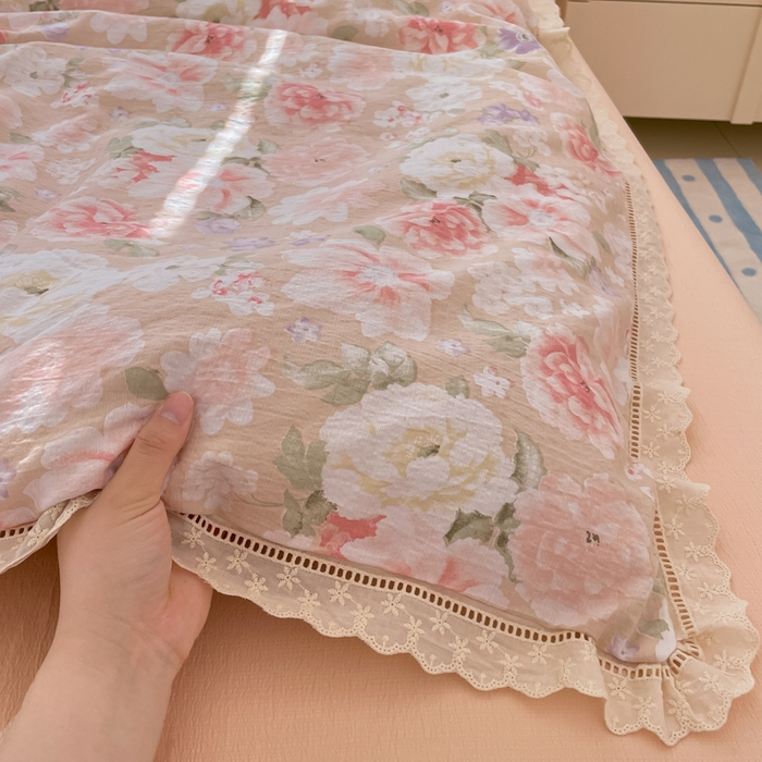 91家纺网 家纺一手货源 找家纺 玉海棠家纺 2025新款云感双层纱花边四件套 花边-莫奈