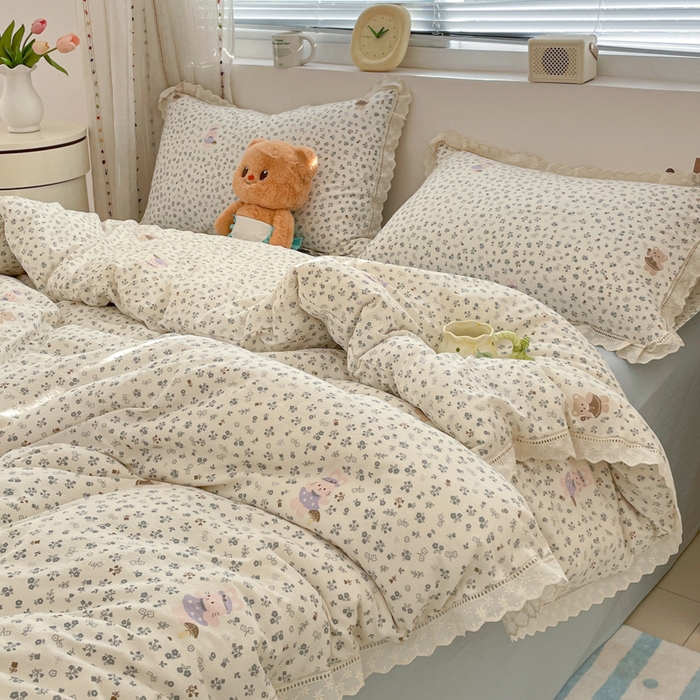 91家纺网 家纺一手货源 找家纺 玉海棠家纺 2025新款云感双层纱花边四件套 花边-诺言兔兔