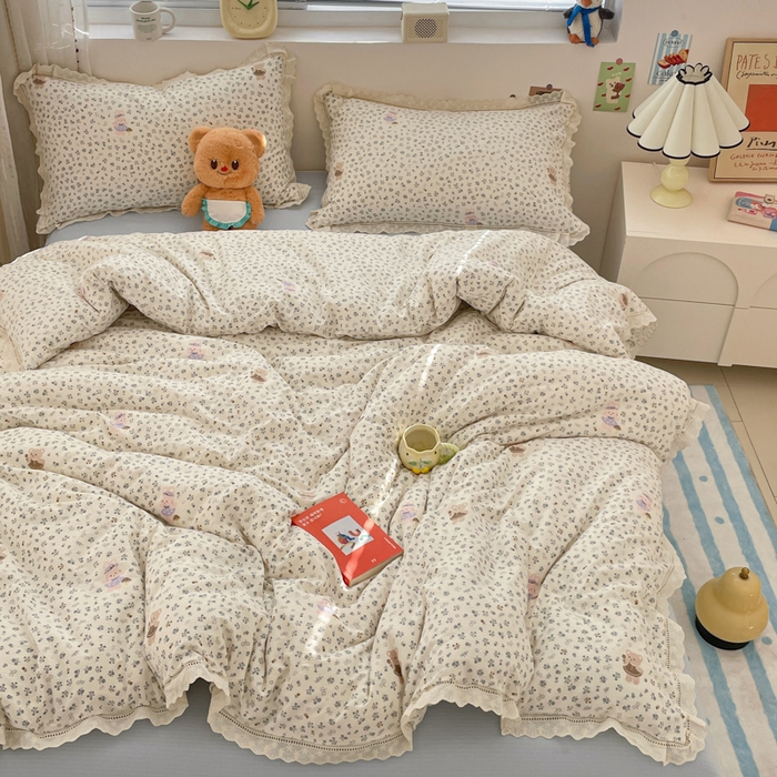 91家纺网 家纺一手货源 找家纺 玉海棠家纺 2025新款云感双层纱花边四件套 花边-诺言兔兔