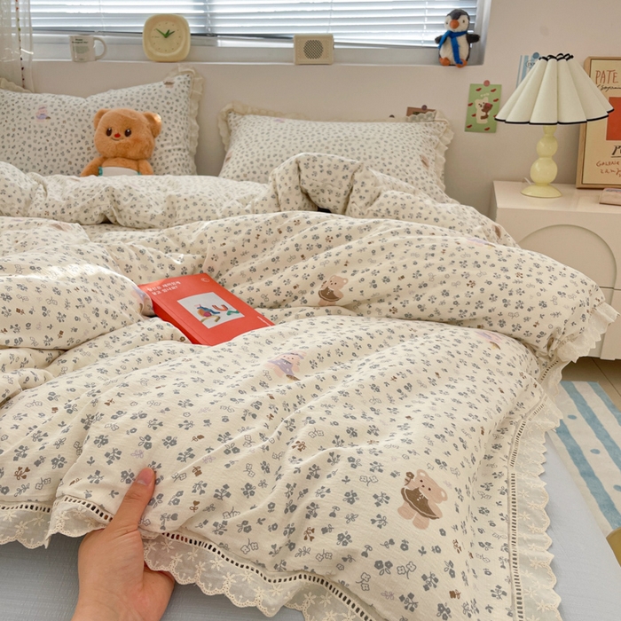 91家纺网 家纺一手货源 找家纺 玉海棠家纺 2025新款云感双层纱花边四件套 花边-诺言兔兔