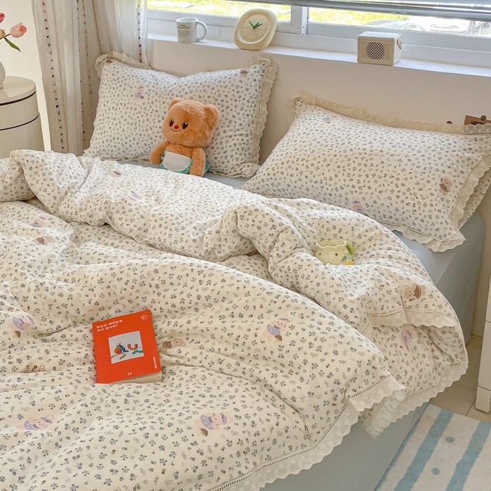 91家纺网 家纺一手货源 找家纺 玉海棠家纺 2025新款云感双层纱花边四件套 花边-诺言兔兔