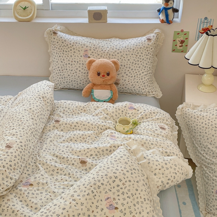 91家纺网 家纺一手货源 找家纺 玉海棠家纺 2025新款云感双层纱花边四件套 花边-诺言兔兔