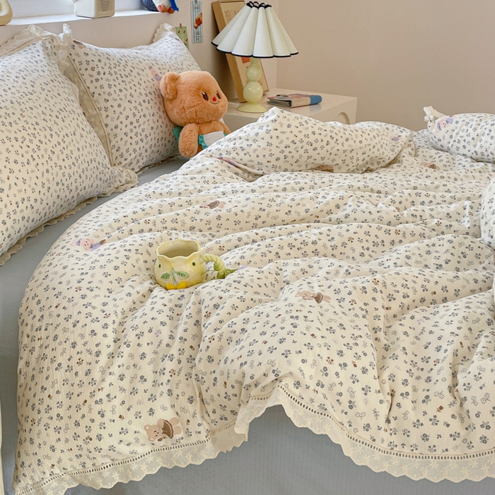 91家纺网 家纺一手货源 找家纺 玉海棠家纺 2025新款云感双层纱花边四件套 花边-诺言兔兔