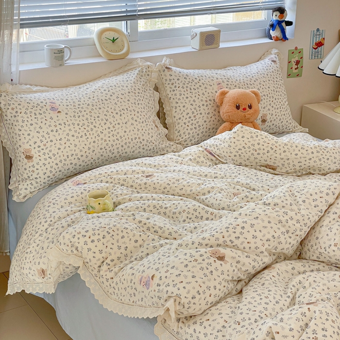 91家纺网 家纺一手货源 找家纺 玉海棠家纺 2025新款云感双层纱花边四件套 花边-诺言兔兔