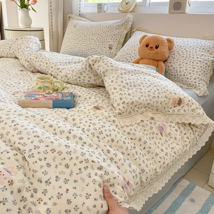 91家纺网 家纺一手货源 找家纺 玉海棠家纺 2025新款云感双层纱花边四件套 花边-诺言兔兔