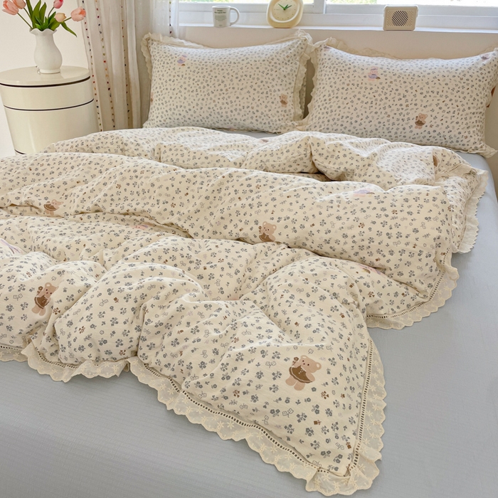 91家纺网 家纺一手货源 找家纺 玉海棠家纺 2025新款云感双层纱花边四件套 花边-诺言兔兔