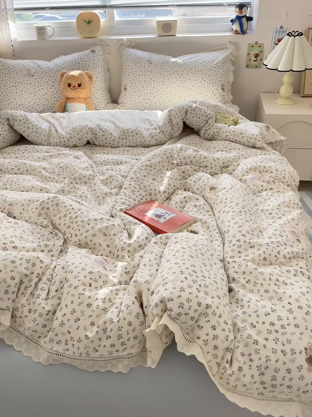 91家纺网 家纺一手货源 找家纺 玉海棠家纺 2025新款云感双层纱花边四件套 花边-诺言兔兔