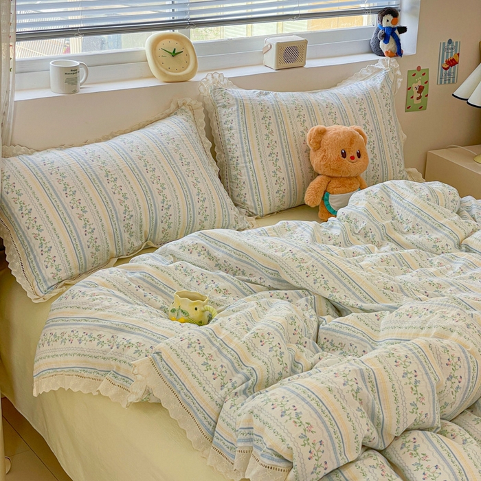 91家纺网 家纺一手货源 找家纺 玉海棠家纺 2025新款云感双层纱花边四件套 花边-晴天