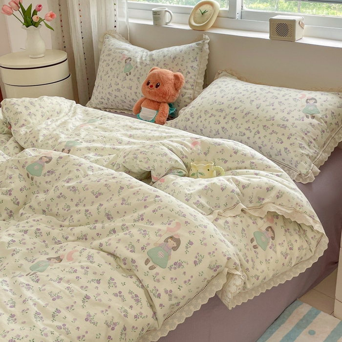 91家纺网 家纺一手货源 找家纺 玉海棠家纺 2025新款云感双层纱花边四件套 花边-桃桃女孩