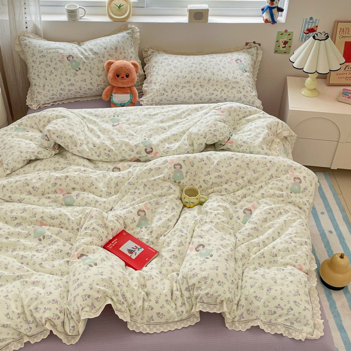 91家纺网 家纺一手货源 找家纺 玉海棠家纺 2025新款云感双层纱花边四件套 花边-桃桃女孩