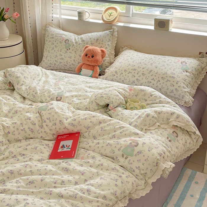 91家纺网 家纺一手货源 找家纺 玉海棠家纺 2025新款云感双层纱花边四件套 花边-桃桃女孩