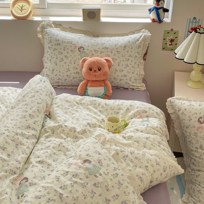 91家纺网 家纺一手货源 找家纺 玉海棠家纺 2025新款云感双层纱花边四件套 花边-桃桃女孩