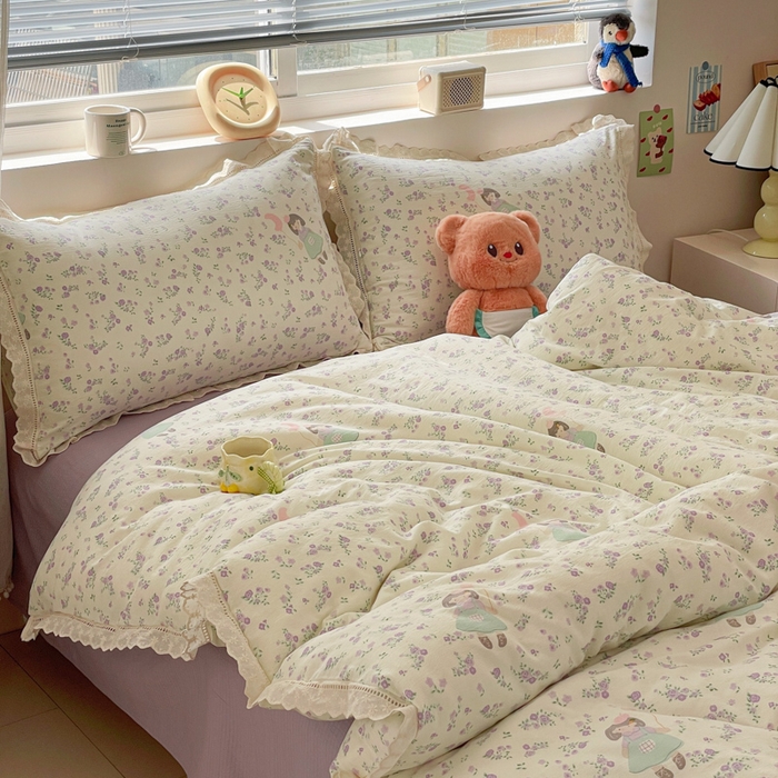 91家纺网 家纺一手货源 找家纺 玉海棠家纺 2025新款云感双层纱花边四件套 花边-桃桃女孩