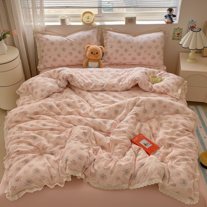 玉海棠家纺 2025新款云感双层纱花边四件套 花边-桃夭