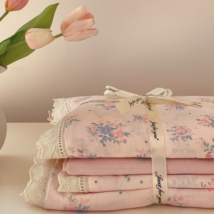 91家纺网 家纺一手货源 找家纺 玉海棠家纺 2025新款云感双层纱花边四件套 花边-桃夭