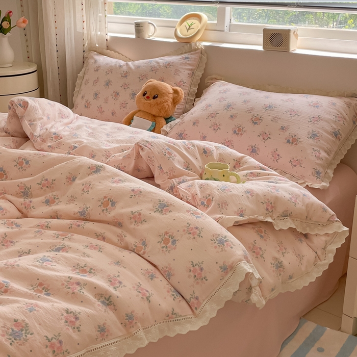 91家纺网 家纺一手货源 找家纺 玉海棠家纺 2025新款云感双层纱花边四件套 花边-桃夭