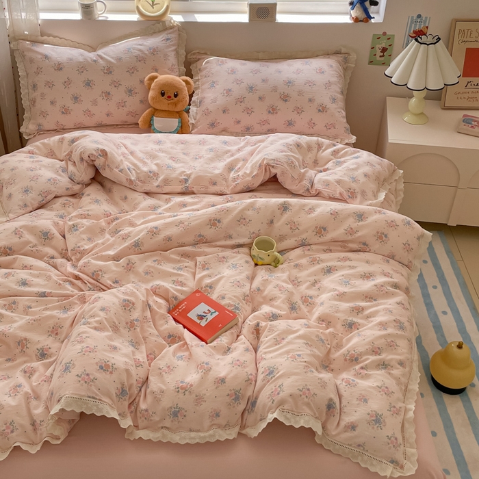 91家纺网 家纺一手货源 找家纺 玉海棠家纺 2025新款云感双层纱花边四件套 花边-桃夭