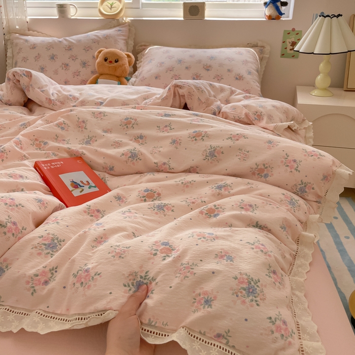 91家纺网 家纺一手货源 找家纺 玉海棠家纺 2025新款云感双层纱花边四件套 花边-桃夭