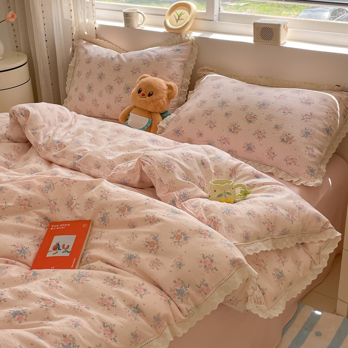 91家纺网 家纺一手货源 找家纺 玉海棠家纺 2025新款云感双层纱花边四件套 花边-桃夭