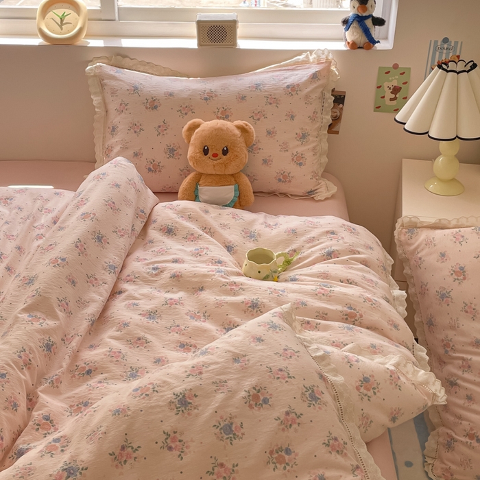 91家纺网 家纺一手货源 找家纺 玉海棠家纺 2025新款云感双层纱花边四件套 花边-桃夭