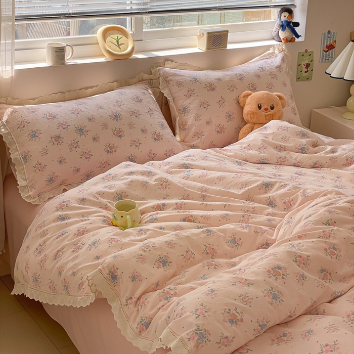 91家纺网 家纺一手货源 找家纺 玉海棠家纺 2025新款云感双层纱花边四件套 花边-桃夭