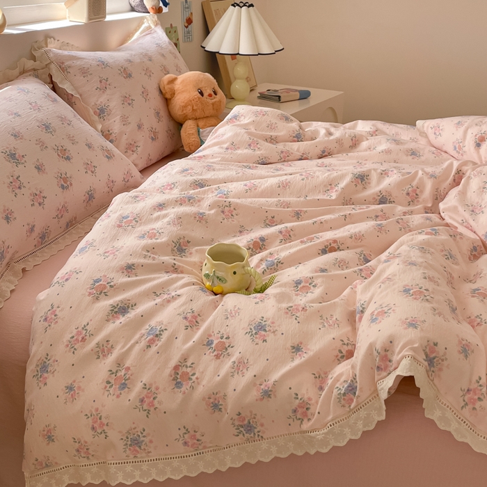 91家纺网 家纺一手货源 找家纺 玉海棠家纺 2025新款云感双层纱花边四件套 花边-桃夭