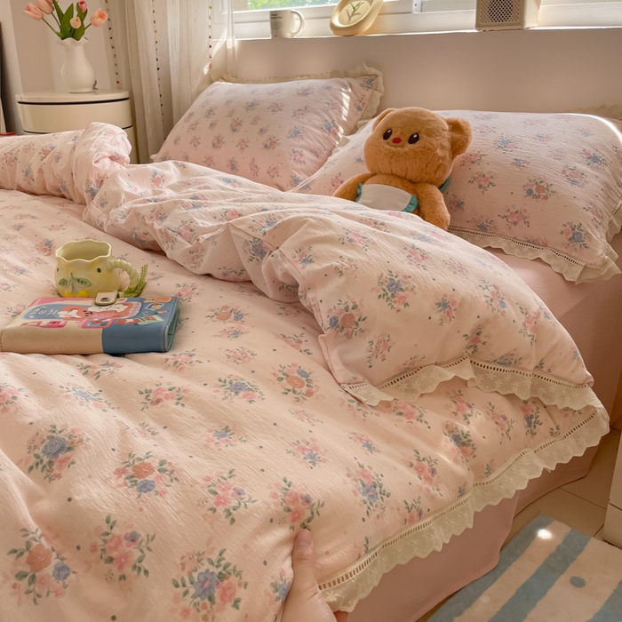 91家纺网 家纺一手货源 找家纺 玉海棠家纺 2025新款云感双层纱花边四件套 花边-桃夭