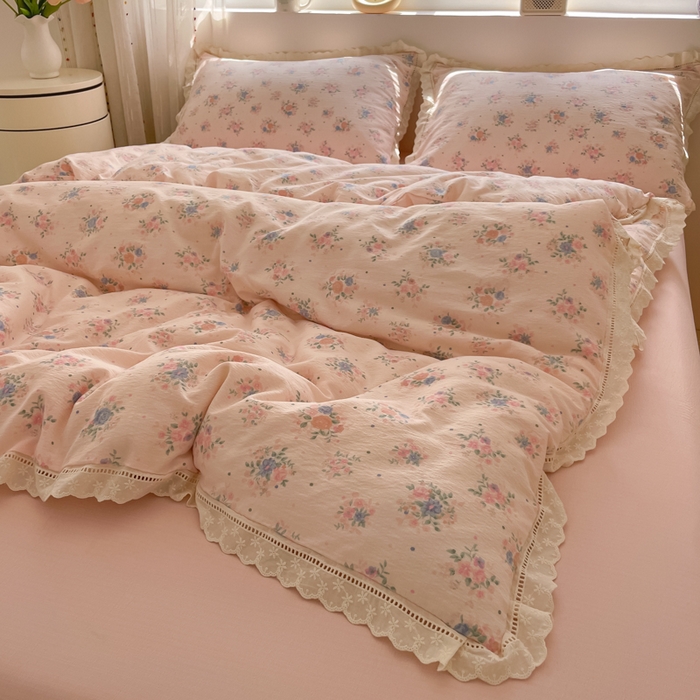 91家纺网 家纺一手货源 找家纺 玉海棠家纺 2025新款云感双层纱花边四件套 花边-桃夭