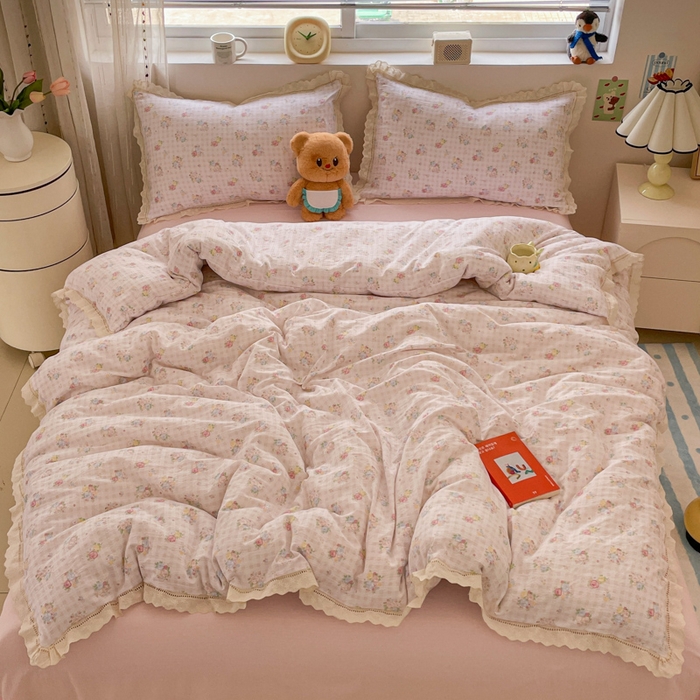 玉海棠家纺 2025新款云感双层纱花边四件套 花边-甜梦