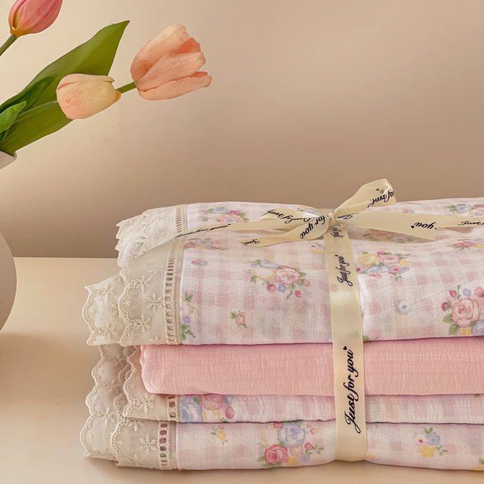 91家纺网 家纺一手货源 找家纺 玉海棠家纺 2025新款云感双层纱花边四件套 花边-甜梦