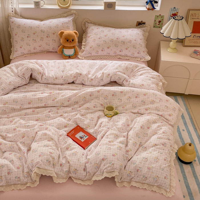 91家纺网 家纺一手货源 找家纺 玉海棠家纺 2025新款云感双层纱花边四件套 花边-甜梦