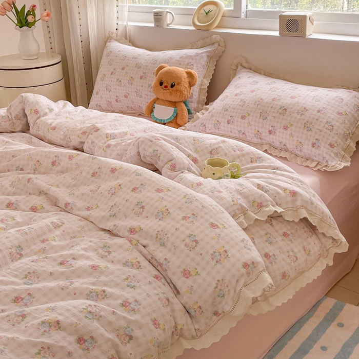 91家纺网 家纺一手货源 找家纺 玉海棠家纺 2025新款云感双层纱花边四件套 花边-甜梦