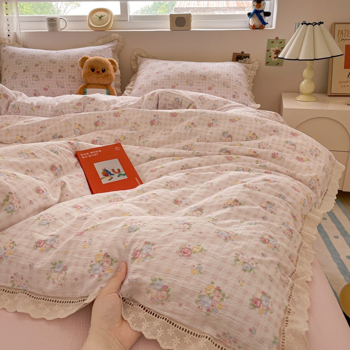 91家纺网 家纺一手货源 找家纺 玉海棠家纺 2025新款云感双层纱花边四件套 花边-甜梦