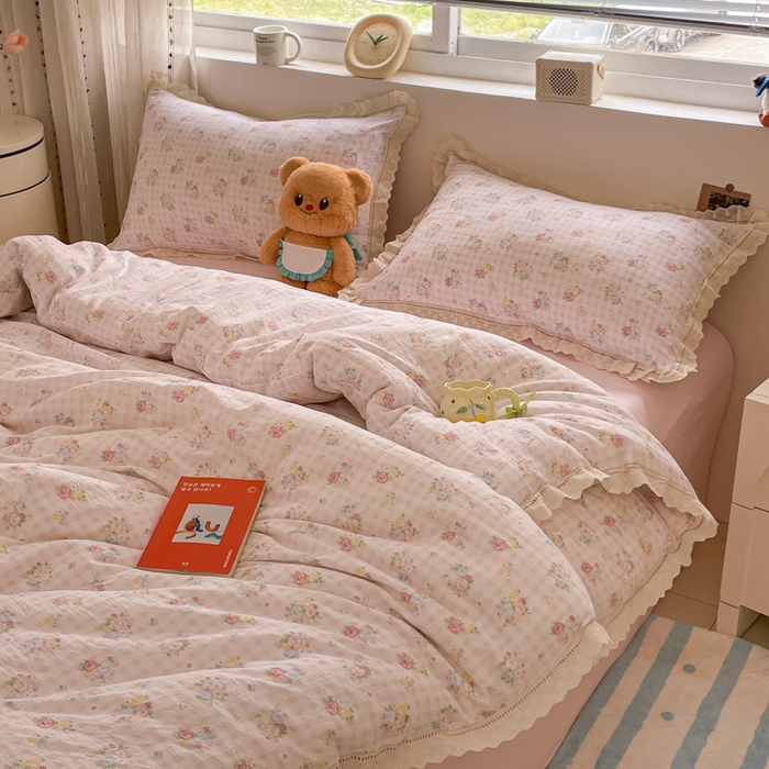 91家纺网 家纺一手货源 找家纺 玉海棠家纺 2025新款云感双层纱花边四件套 花边-甜梦