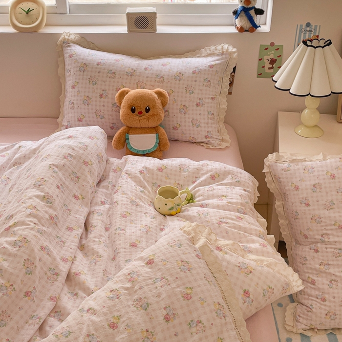 91家纺网 家纺一手货源 找家纺 玉海棠家纺 2025新款云感双层纱花边四件套 花边-甜梦