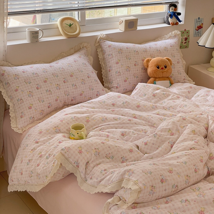 91家纺网 家纺一手货源 找家纺 玉海棠家纺 2025新款云感双层纱花边四件套 花边-甜梦