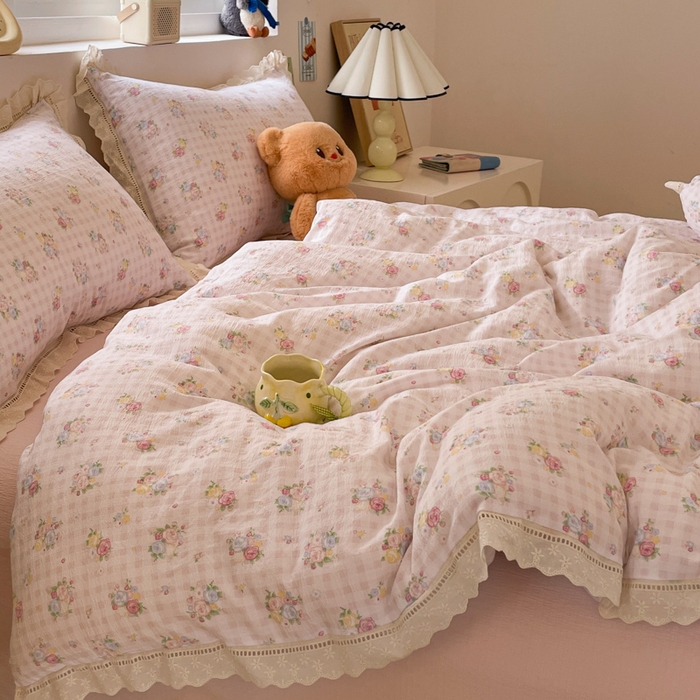 91家纺网 家纺一手货源 找家纺 玉海棠家纺 2025新款云感双层纱花边四件套 花边-甜梦