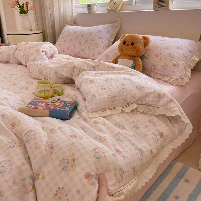 91家纺网 家纺一手货源 找家纺 玉海棠家纺 2025新款云感双层纱花边四件套 花边-甜梦