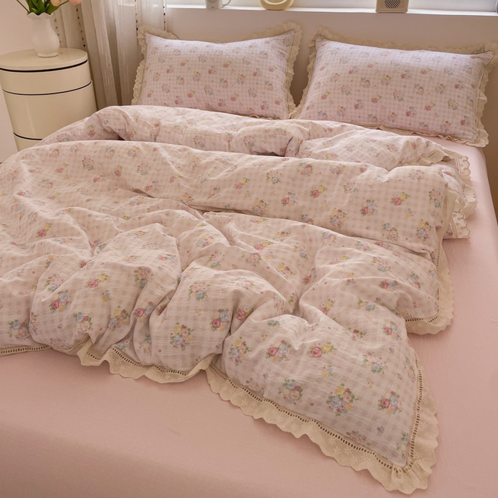 91家纺网 家纺一手货源 找家纺 玉海棠家纺 2025新款云感双层纱花边四件套 花边-甜梦