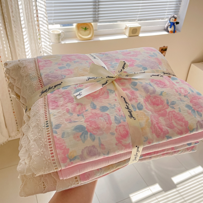 91家纺网 家纺一手货源 找家纺 玉海棠家纺 2025新款云感双层纱花边四件套 花边-晚香玉