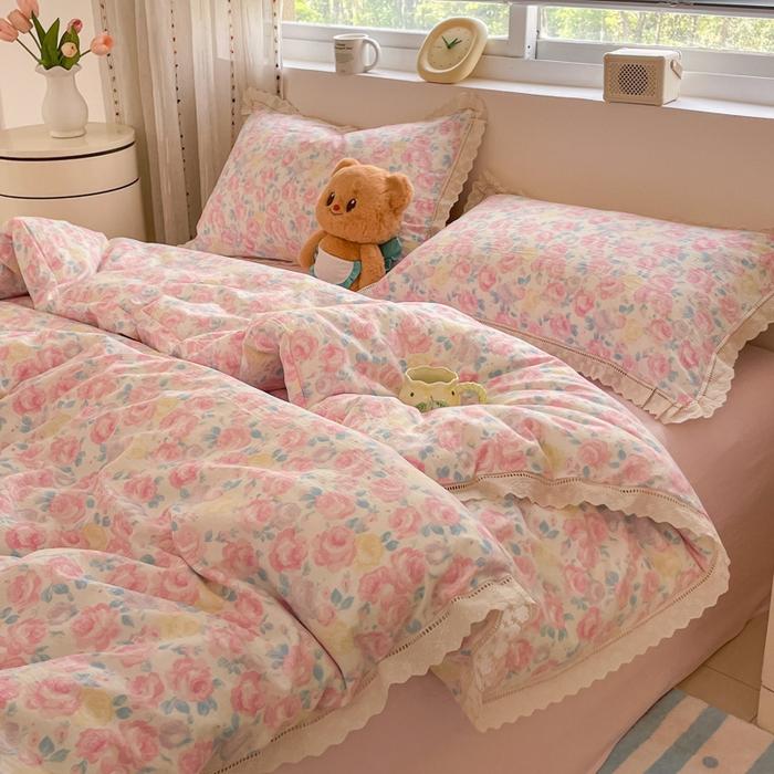 91家纺网 家纺一手货源 找家纺 玉海棠家纺 2025新款云感双层纱花边四件套 花边-晚香玉