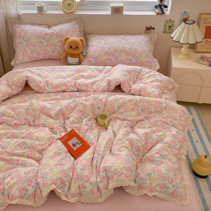 91家纺网 家纺一手货源 找家纺 玉海棠家纺 2025新款云感双层纱花边四件套 花边-晚香玉