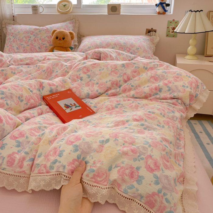 91家纺网 家纺一手货源 找家纺 玉海棠家纺 2025新款云感双层纱花边四件套 花边-晚香玉