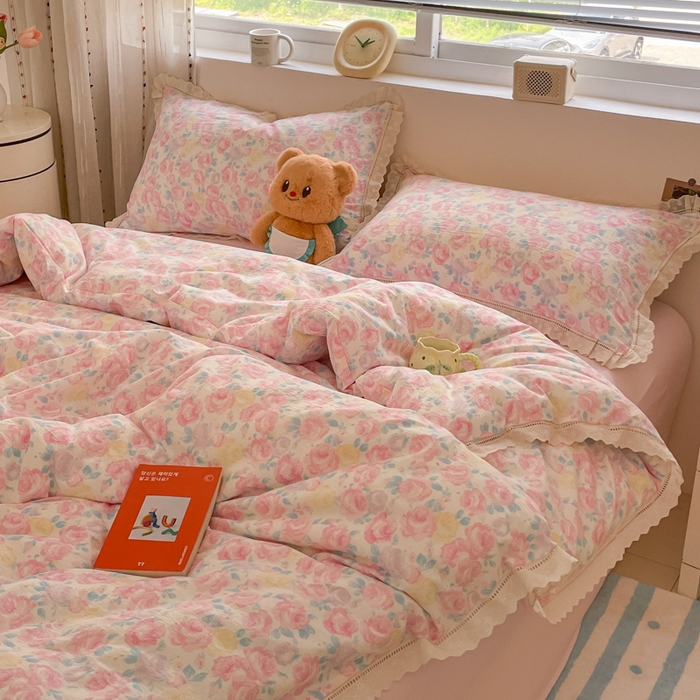 91家纺网 家纺一手货源 找家纺 玉海棠家纺 2025新款云感双层纱花边四件套 花边-晚香玉