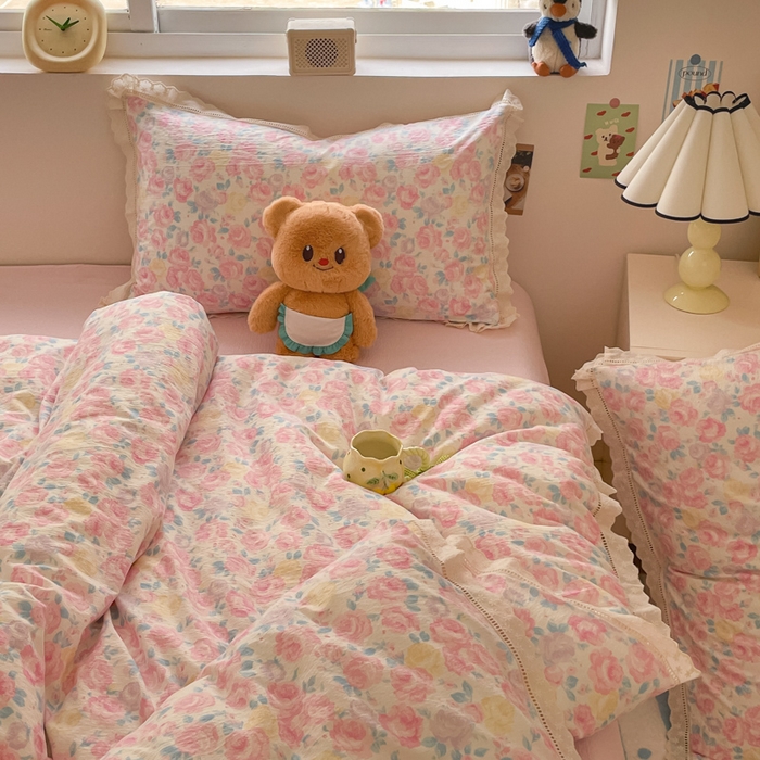 91家纺网 家纺一手货源 找家纺 玉海棠家纺 2025新款云感双层纱花边四件套 花边-晚香玉