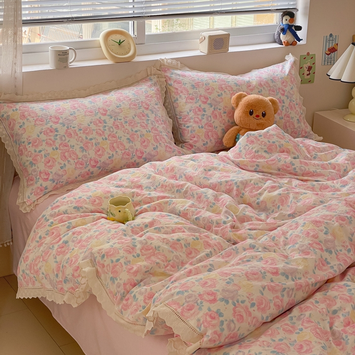 91家纺网 家纺一手货源 找家纺 玉海棠家纺 2025新款云感双层纱花边四件套 花边-晚香玉