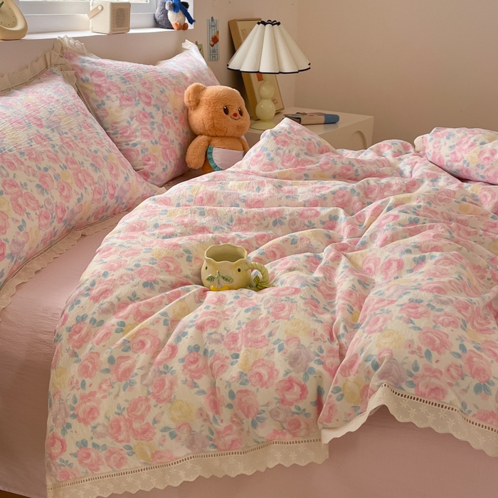 91家纺网 家纺一手货源 找家纺 玉海棠家纺 2025新款云感双层纱花边四件套 花边-晚香玉