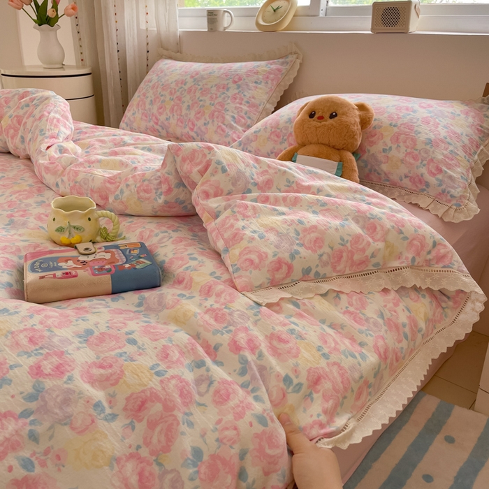 91家纺网 家纺一手货源 找家纺 玉海棠家纺 2025新款云感双层纱花边四件套 花边-晚香玉