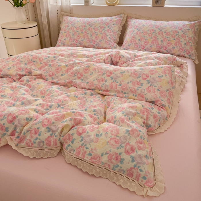 91家纺网 家纺一手货源 找家纺 玉海棠家纺 2025新款云感双层纱花边四件套 花边-晚香玉