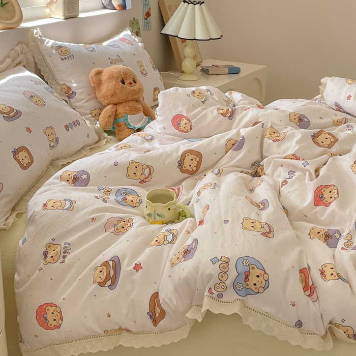 91家纺网 家纺一手货源 找家纺 玉海棠家纺 2025新款云感双层纱花边四件套 花边-小熊蛋糕